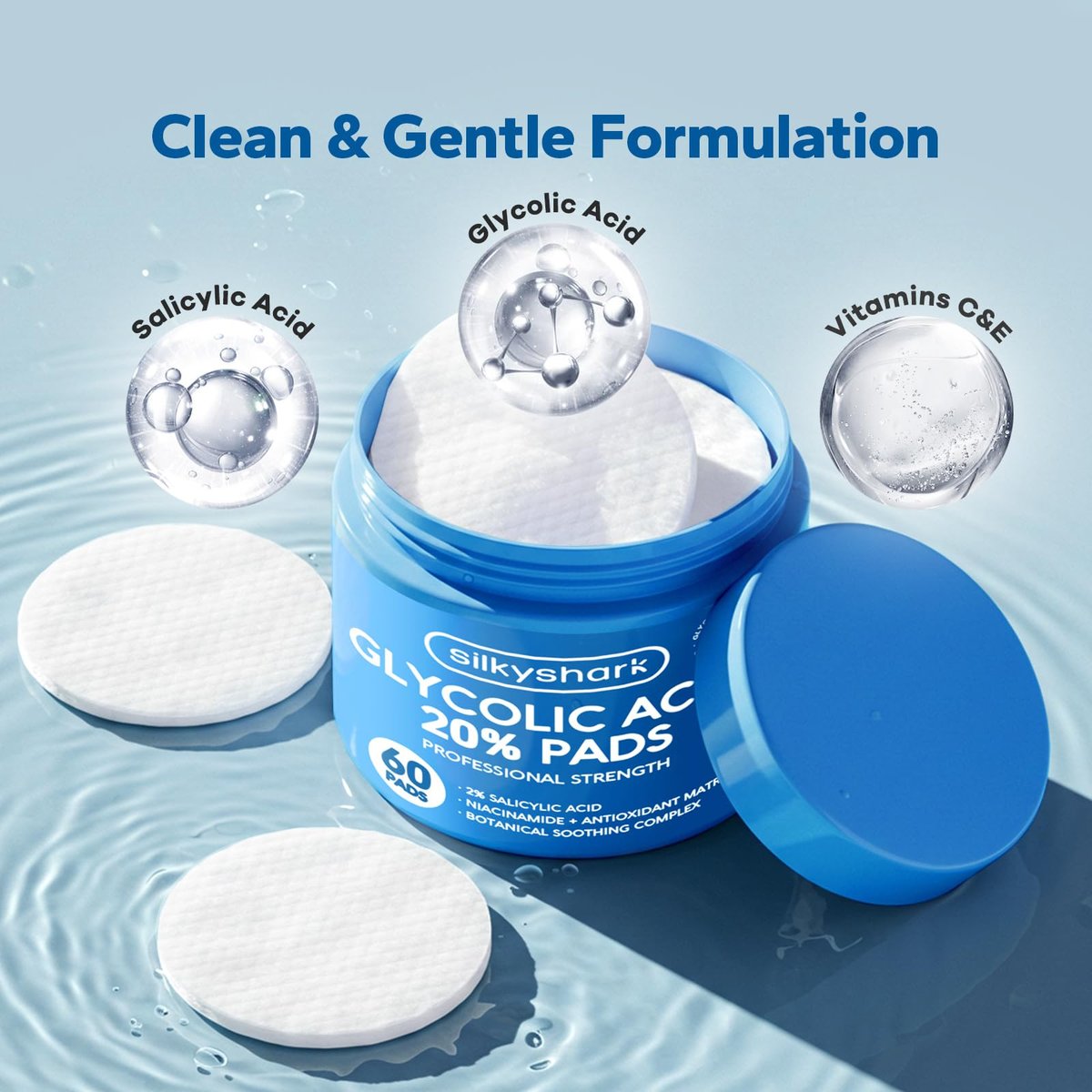 SilkyShark Glycolic Acid 20% Resurfacing Pads (60 Count) - Ultra Pure Glycolic Acid + Salicylic Acid Exfoliating Peel Pads for Face & Body with Vitamins B, C & E - görsel 5