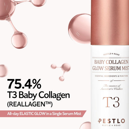 PESTLO T3 Baby Collagen Glow Serum Mist Spray for Korean Glass Skin - 75.4% Reallagen/T3 Vegan Collagen, PDRN, Phyto-Amino Acid Complex, Voluform for Elasticity, Radiance & Firmness, 1.69 Fl Oz (50ml)