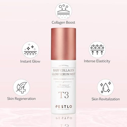 PESTLO T3 Baby Collagen Glow Serum Mist Spray for Korean Glass Skin - 75.4% Reallagen/T3 Vegan Collagen, PDRN, Phyto-Amino Acid Complex, Voluform for Elasticity, Radiance & Firmness, 1.69 Fl Oz (50ml)