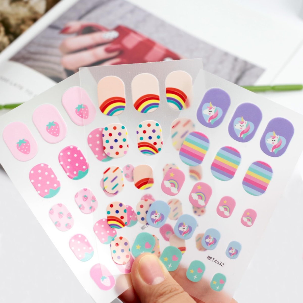 Colorful Self-Adhesive Nail Stickers - 9 Sheets of Fun Nail Art Decorations with Sun, Flower, Rainbow, Strawberry, Cat, Heart, Rabbit Designs - görsel 11