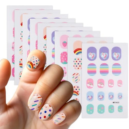 Colorful Self-Adhesive Nail Stickers - 9 Sheets of Fun Nail Art Decorations with Sun, Flower, Rainbow, Strawberry, Cat, Heart, Rabbit Designs
