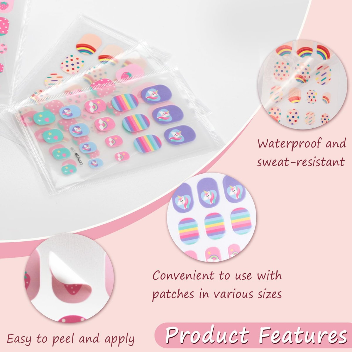 Colorful Self-Adhesive Nail Stickers - 9 Sheets of Fun Nail Art Decorations with Sun, Flower, Rainbow, Strawberry, Cat, Heart, Rabbit Designs - görsel 5