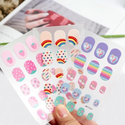 Colorful Self-Adhesive Nail Stickers - 9 Sheets of Fun Nail Art Decorations with Sun, Flower, Rainbow, Strawberry, Cat, Heart, Rabbit Designs
