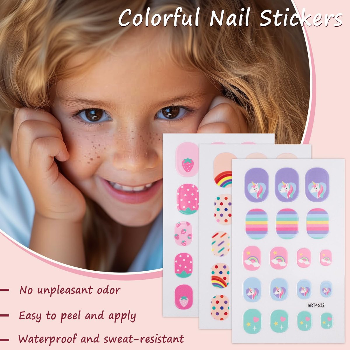 Colorful Self-Adhesive Nail Stickers - 9 Sheets of Fun Nail Art Decorations with Sun, Flower, Rainbow, Strawberry, Cat, Heart, Rabbit Designs - görsel 3