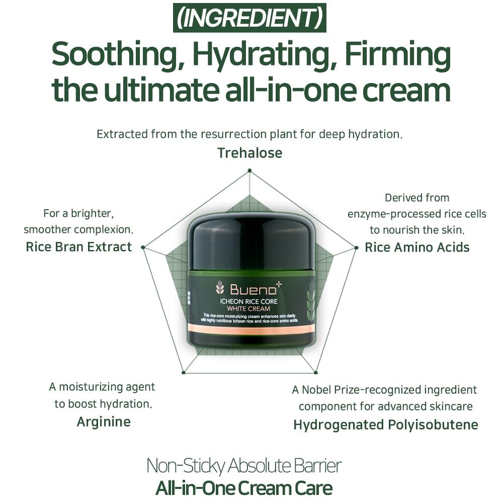 Bueno+ Icheon Rice Core Cream - Hydrating & Soothing Facial Moisturizer with Icheon Rice Amino Acids, Long-Lasting Moisture, Korean Skin Care, 2.82 fl.oz (80g) - görsel 3