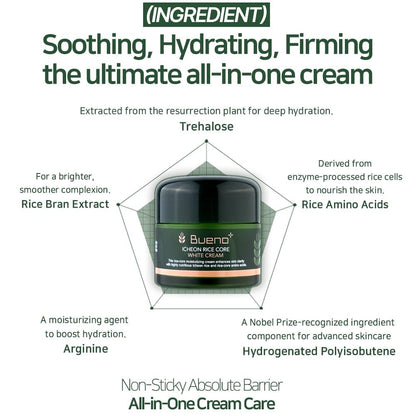 Bueno+ Icheon Rice Core Cream - Hydrating & Soothing Facial Moisturizer with Icheon Rice Amino Acids, Long-Lasting Moisture, Korean Skin Care, 2.82 fl.oz (80g)