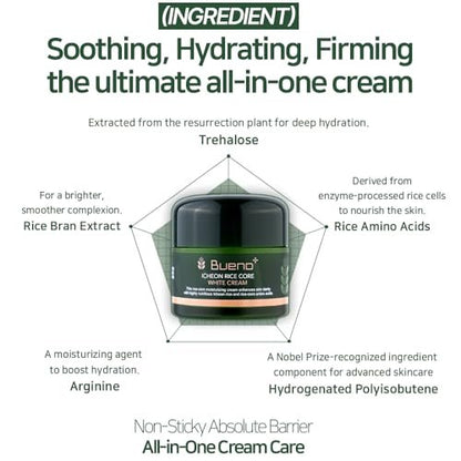 Bueno+ Icheon Rice Core Cream - Hydrating & Soothing Facial Moisturizer with Icheon Rice Amino Acids, Long-Lasting Moisture, Korean Skin Care, 2.82 fl.oz (80g)