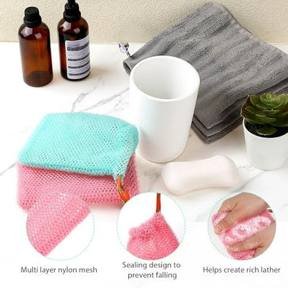 2 Pack Soap Savers for Bar Soap - Exfoliating Net Mesh Shower Holder, Foaming Bag for Bath and Shower (2 Colors, 5.5 x 3.5 In)
