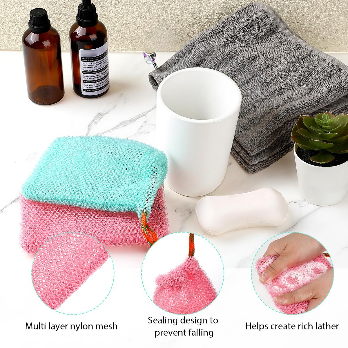 2 Pack Soap Savers for Bar Soap - Exfoliating Net Mesh Shower Holder, Foaming Bag for Bath and Shower (2 Colors, 5.5 x 3.5 In) - görsel 7