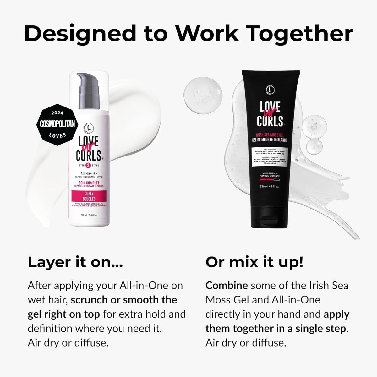 Love Ur Curls® All-in-One Curl Cream Styler & Irish Sea Moss Hair Gel Bundle - Define, Hydrate & Style Curly Hair with Shea Butter, Medium Hold Curl Styling Gel to Reduce Frizz (8.25 Fl Oz, Pack of 2) Avelisse