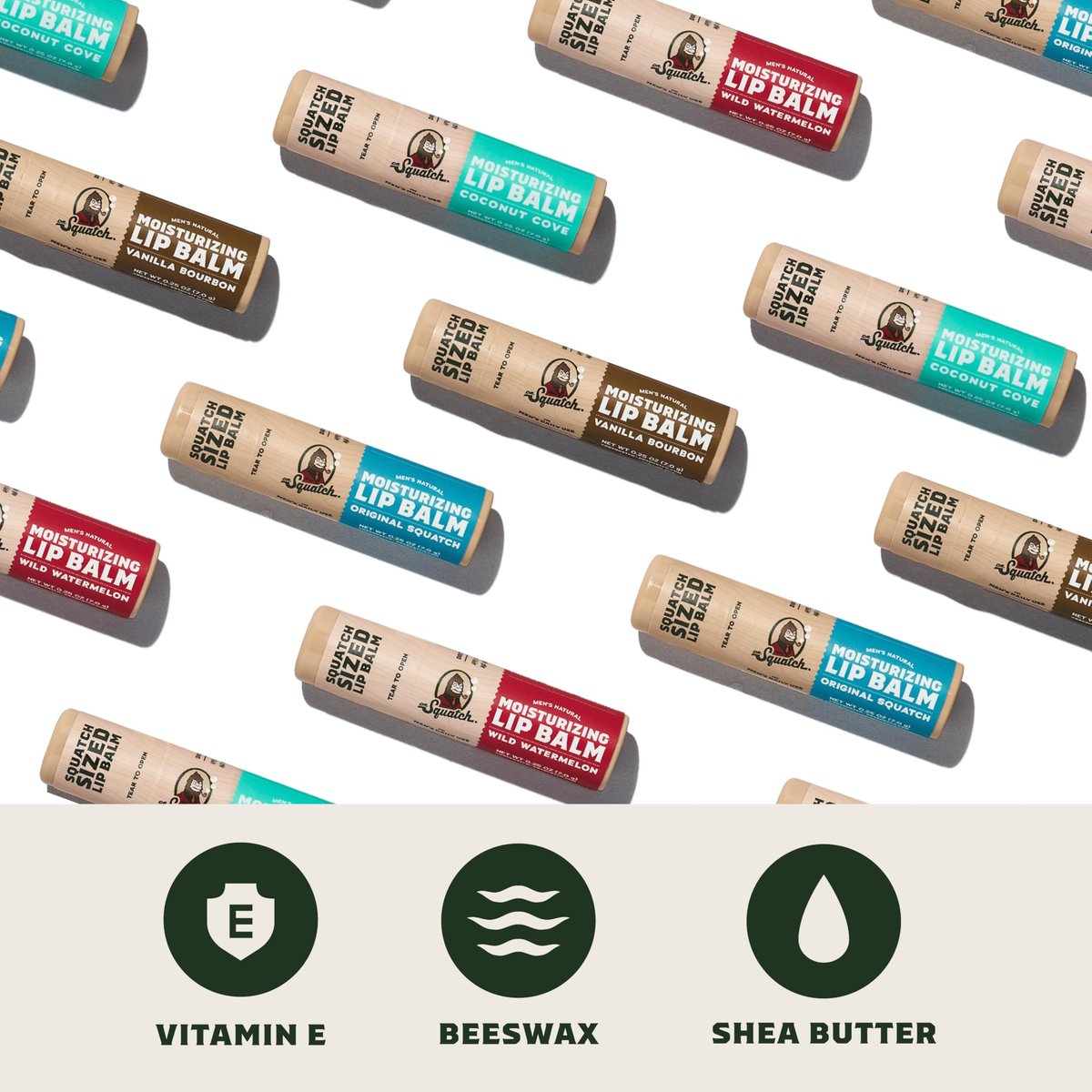 Dr. Squatch Natural Lip Balm for Men – 4-Pack: Original Squatch, Vanilla Bourbon, Coconut Cove, Wild Watermelon – Dry, Chapped Lip Care with Coconut Oil, Shea Butter & Beeswax - görsel 3