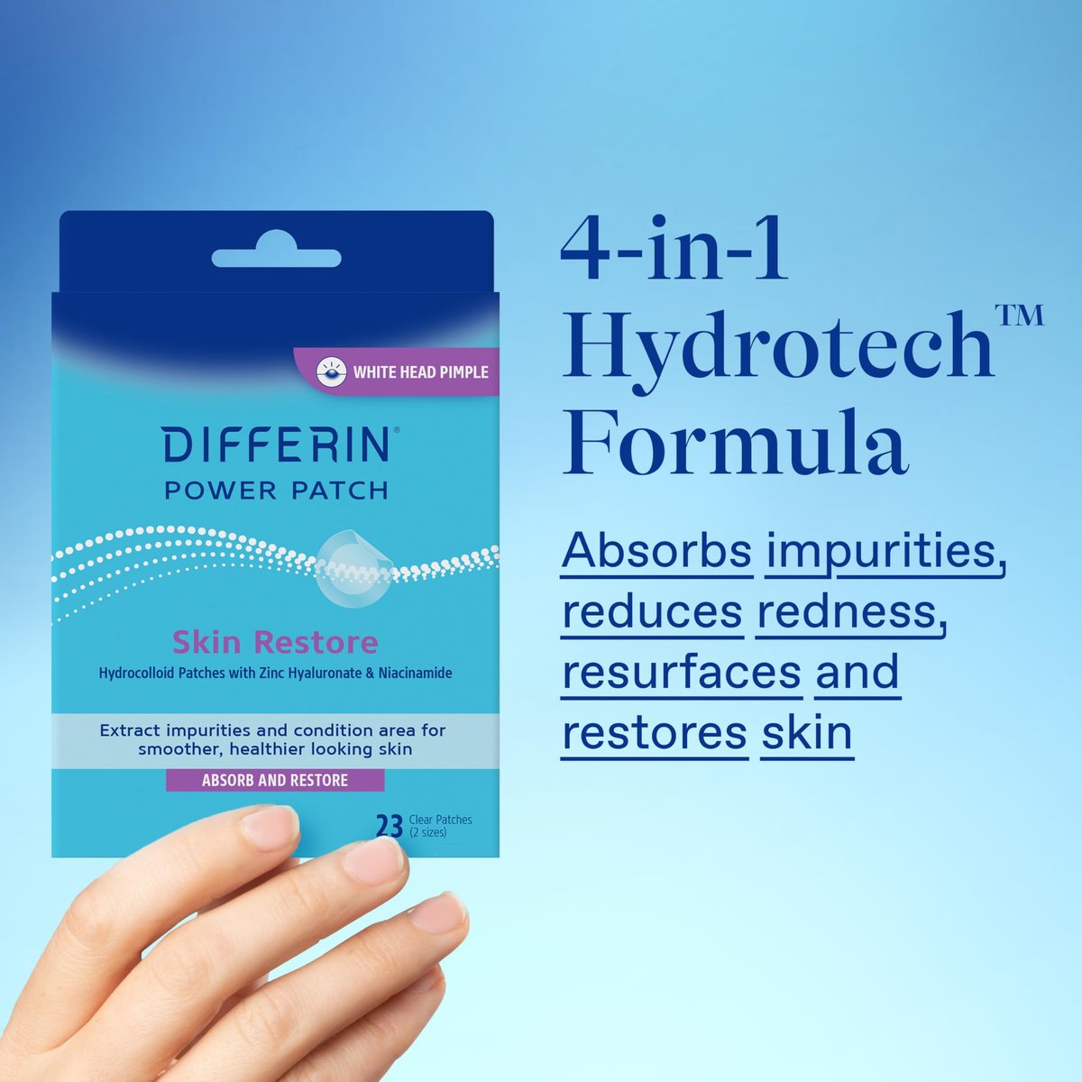 Differin Power Patches for White Head Pimples, Hydrocolloid Patches with Zinc Hyaluronate & Niacinamide, 4-in-1 Hydrotech™ Formula, 23 Count - görsel 17
