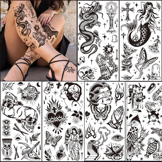 Tazimi 12 Sheets Large Black Old School Temporary Tattoos for Women, Men & Adults – Traditional American Retro Styles, Half Arm & DIY Free Combination, Waterproof Classic Fake Tattoos