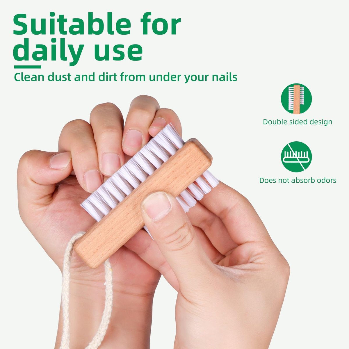 BONUMVITA Wooden Nail Brush Set – 2 Pack Two-Sided Stiff Nail Scrubber Brushes with Hanging Rope for Fingernails and Toes - görsel 5