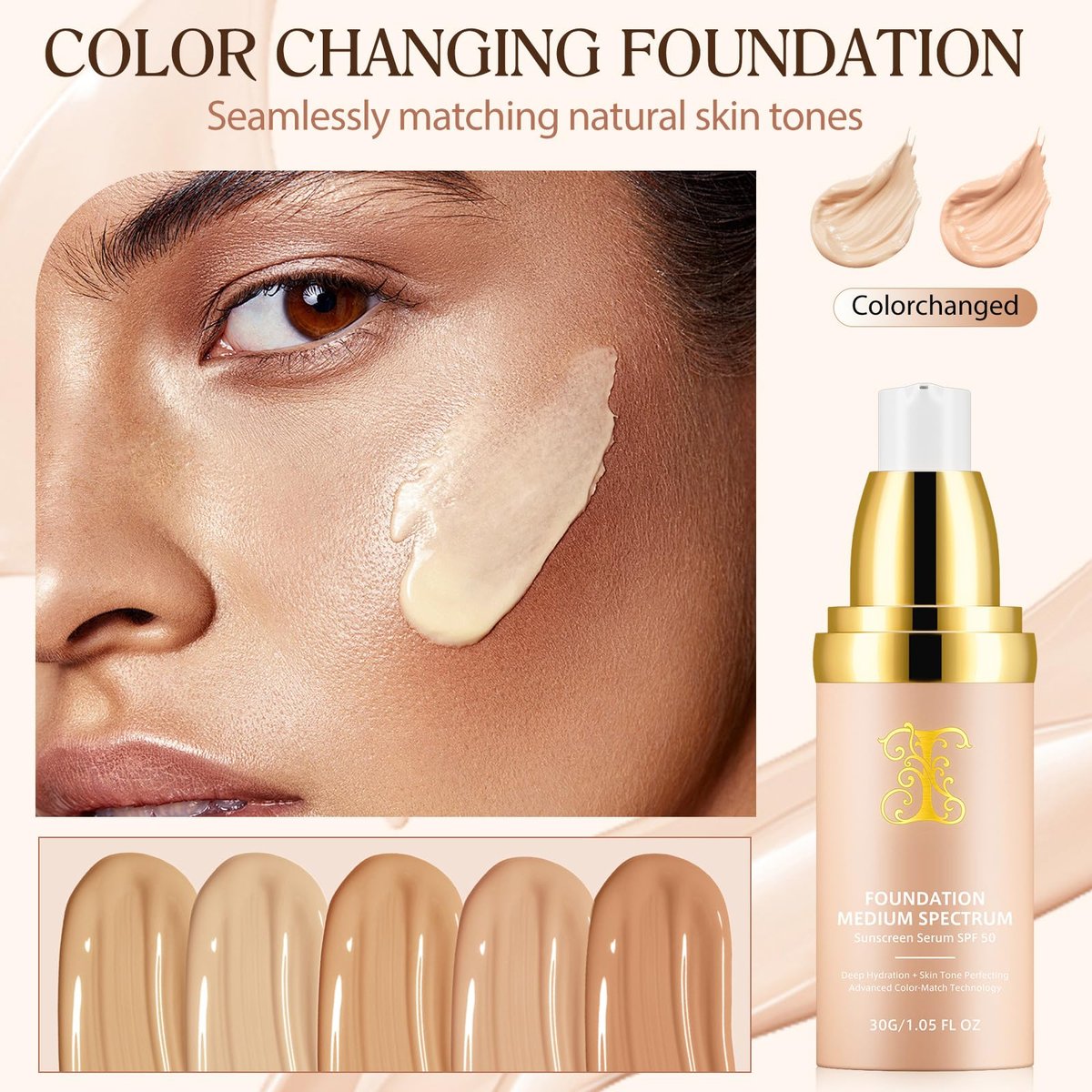 4-in-1 Color Changing Foundation with SPF 50 Sunscreen Serum – Light Spectrum, Longwearing, Waterproof & Deep Hydrating for All Skin Types - görsel 3
