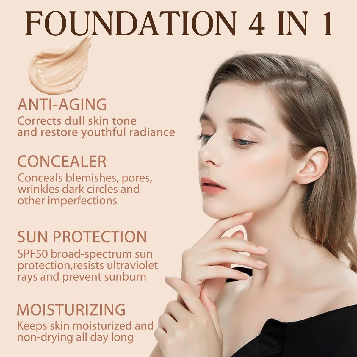 4-in-1 Color Changing Foundation with SPF 50 Sunscreen Serum – Light Spectrum, Longwearing, Waterproof & Deep Hydrating for All Skin Types - görsel 5