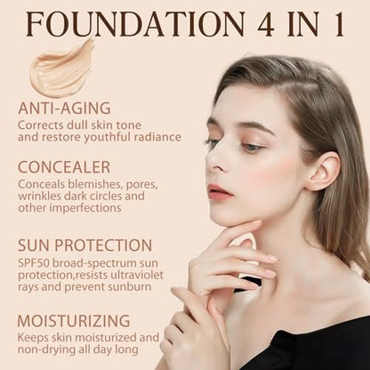 4-in-1 Color Changing Foundation with SPF 50 Sunscreen Serum – Light Spectrum, Longwearing, Waterproof & Deep Hydrating for All Skin Types
