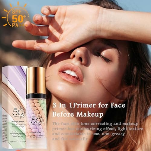 3 In 1 Primer for Face Before Makeup, Sunscreen Isolation Cream Face Tinted Moisturizer, SPF 50, One Step Color Corrector, Makeup Primer Oil Control & Concealer Skin Tone Correcting - görsel 4