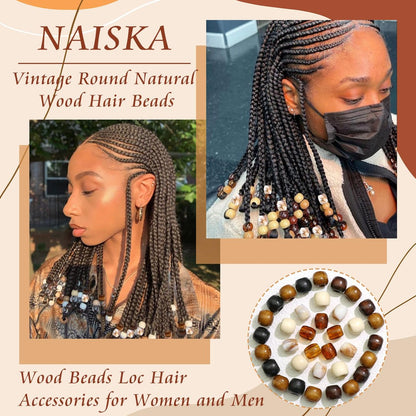 NAISKA 60Pcs Wooden Hair Braid Beads – Multi-Style Loc Hair Jewelry for Braids, Dreadlocks & DIY Hair Tube Decoration, Cuffs & Clips for Women and Men