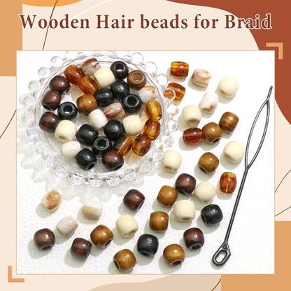 NAISKA 60Pcs Wooden Hair Braid Beads – Multi-Style Loc Hair Jewelry for Braids, Dreadlocks & DIY Hair Tube Decoration, Cuffs & Clips for Women and Men