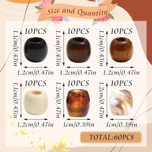 NAISKA 60Pcs Wooden Hair Braid Beads – Multi-Style Loc Hair Jewelry for Braids, Dreadlocks & DIY Hair Tube Decoration, Cuffs & Clips for Women and Men - görsel 6