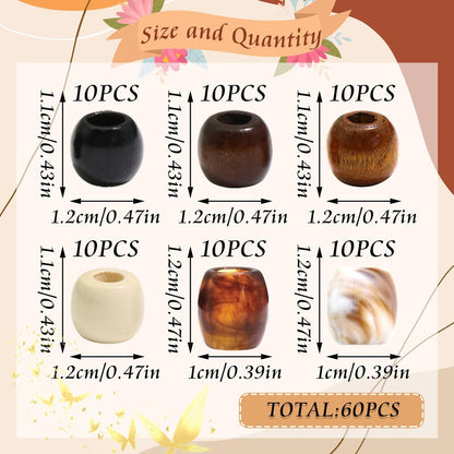 NAISKA 60Pcs Wooden Hair Braid Beads – Multi-Style Loc Hair Jewelry for Braids, Dreadlocks & DIY Hair Tube Decoration, Cuffs & Clips for Women and Men
