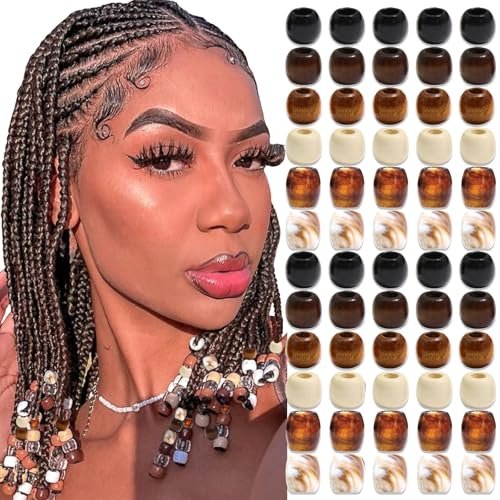 NAISKA 60Pcs Wooden Hair Braid Beads – Multi-Style Loc Hair Jewelry for Braids, Dreadlocks & DIY Hair Tube Decoration, Cuffs & Clips for Women and Men - görsel 2