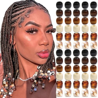 NAISKA 60Pcs Wooden Hair Braid Beads – Multi-Style Loc Hair Jewelry for Braids, Dreadlocks & DIY Hair Tube Decoration, Cuffs & Clips for Women and Men