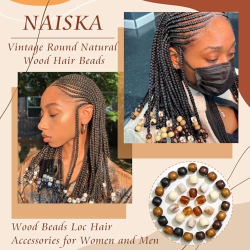 NAISKA 60Pcs Wooden Hair Braid Beads – Multi-Style Loc Hair Jewelry for Braids, Dreadlocks & DIY Hair Tube Decoration, Cuffs & Clips for Women and Men - görsel 8