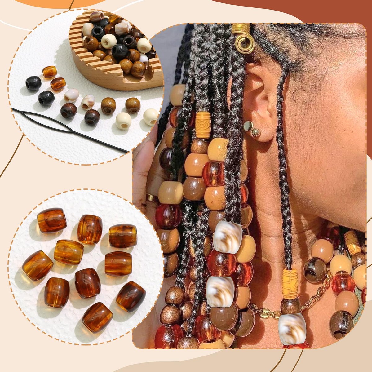 NAISKA 60Pcs Wooden Hair Braid Beads – Multi-Style Loc Hair Jewelry for Braids, Dreadlocks & DIY Hair Tube Decoration, Cuffs & Clips for Women and Men - görsel 11