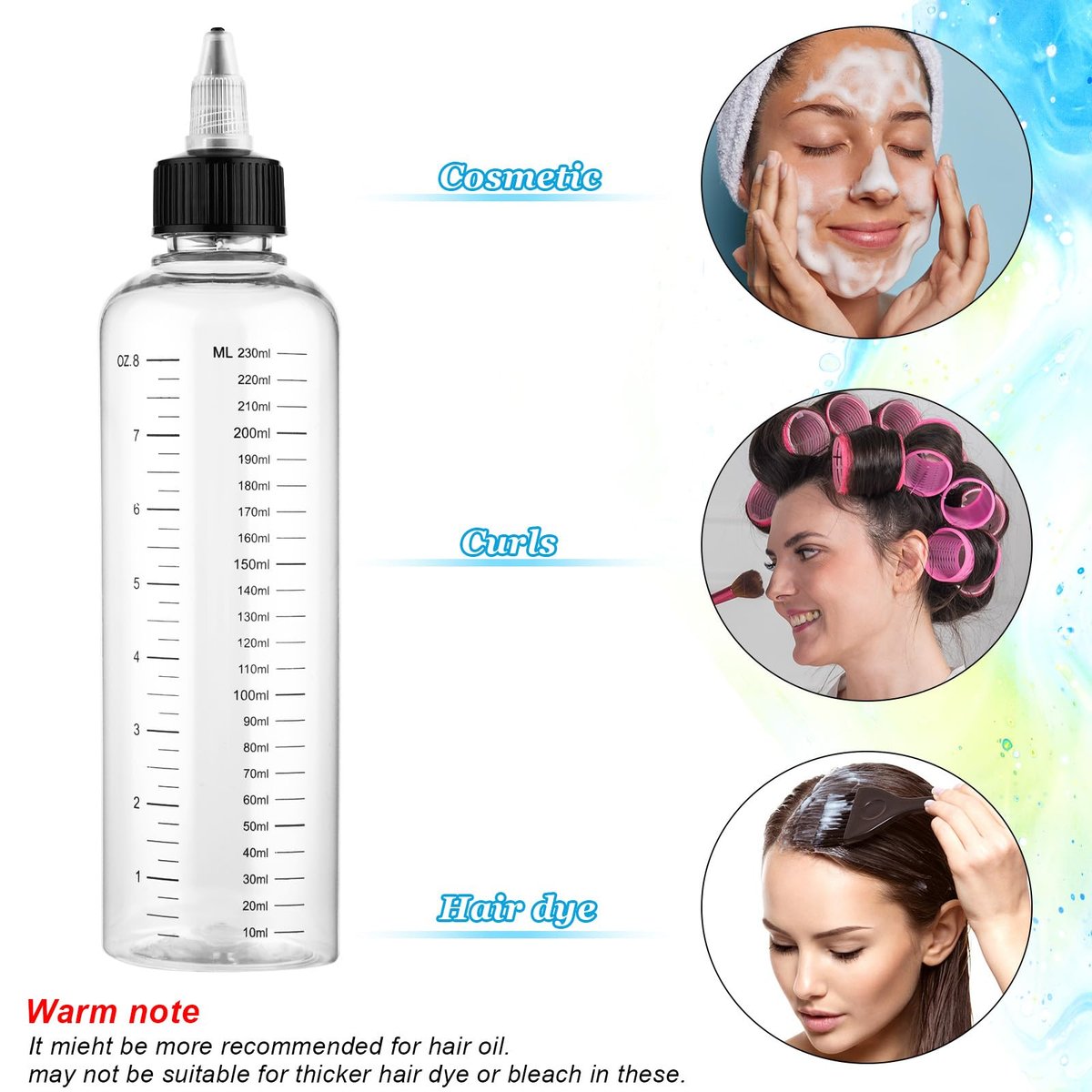 Hpmjz 2 Pcs 8.5oz Applicator Bottles for Hair Dye with Graduated Scale & Twist-On Top Tip Cap - Empty Plastic Squeeze Bottles for Salon, Stylist, Home Use - görsel 13