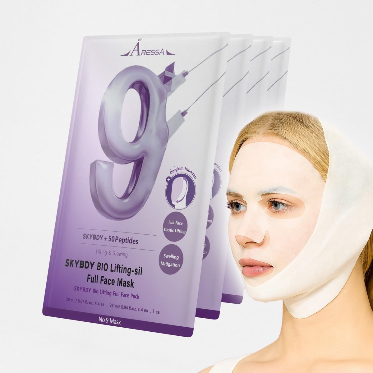 ARESSA SKYBDY BIO Lifting-Sil Full Face Mask – NAD+, NMN, Collagen & Peptides – Tightens Jawline & Neck – Reduces Wrinkles & Lines – Firming & Hydrating – 4 Sheets + Bonus Lifting Band - görsel 1