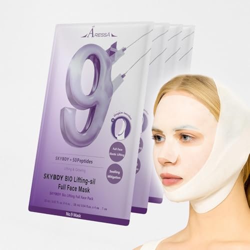 ARESSA SKYBDY BIO Lifting-Sil Full Face Mask – NAD+, NMN, Collagen & Peptides – Tightens Jawline & Neck – Reduces Wrinkles & Lines – Firming & Hydrating – 4 Sheets + Bonus Lifting Band - görsel 2