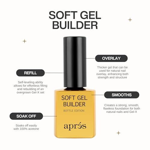 Aprés Soft Gel Builder in a Bottle – Self-Leveling Soak-Off Gel-X Nail Extension Thickening Strengthener (0.5 Fl Oz, Clear) Avelisse