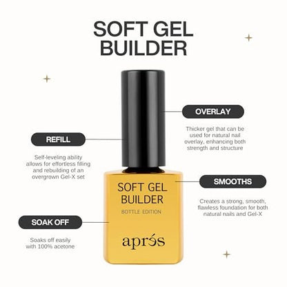 Aprés Soft Gel Builder in a Bottle – Self-Leveling Soak-Off Gel-X Nail Extension Thickening Strengthener (0.5 Fl Oz, Clear) Avelisse