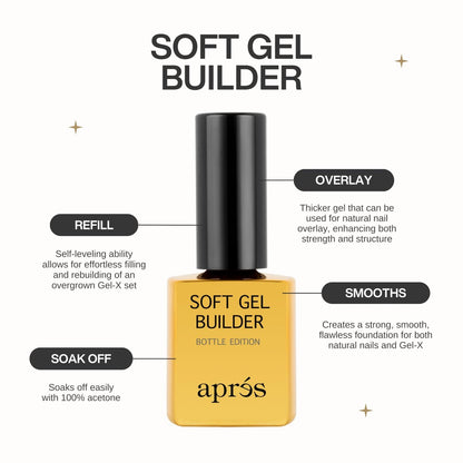 Aprés Soft Gel Builder in a Bottle – Self-Leveling Soak-Off Gel-X Nail Extension Thickening Strengthener (0.5 Fl Oz, Clear) Avelisse