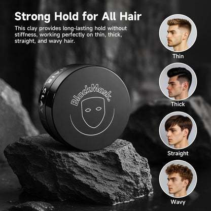 BlackMask Hair Clay for Men (3.52 oz) – Matte Finish Strong Hold Styling Clay for Texture & Volume Avelisse