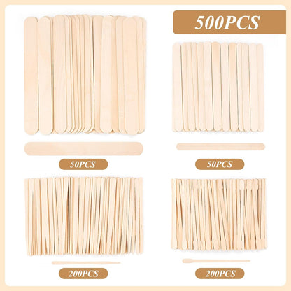 WoBiogHo 500 Pcs Assorted Wooden Waxing Sticks – 4 Styles, Small Medium Large Spatulas for Hair Removal, Body, Legs, Face, Eyebrows & Craft