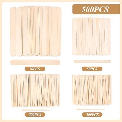 WoBiogHo 500 Pcs Assorted Wooden Waxing Sticks – 4 Styles, Small Medium Large Spatulas for Hair Removal, Body, Legs, Face, Eyebrows & Craft