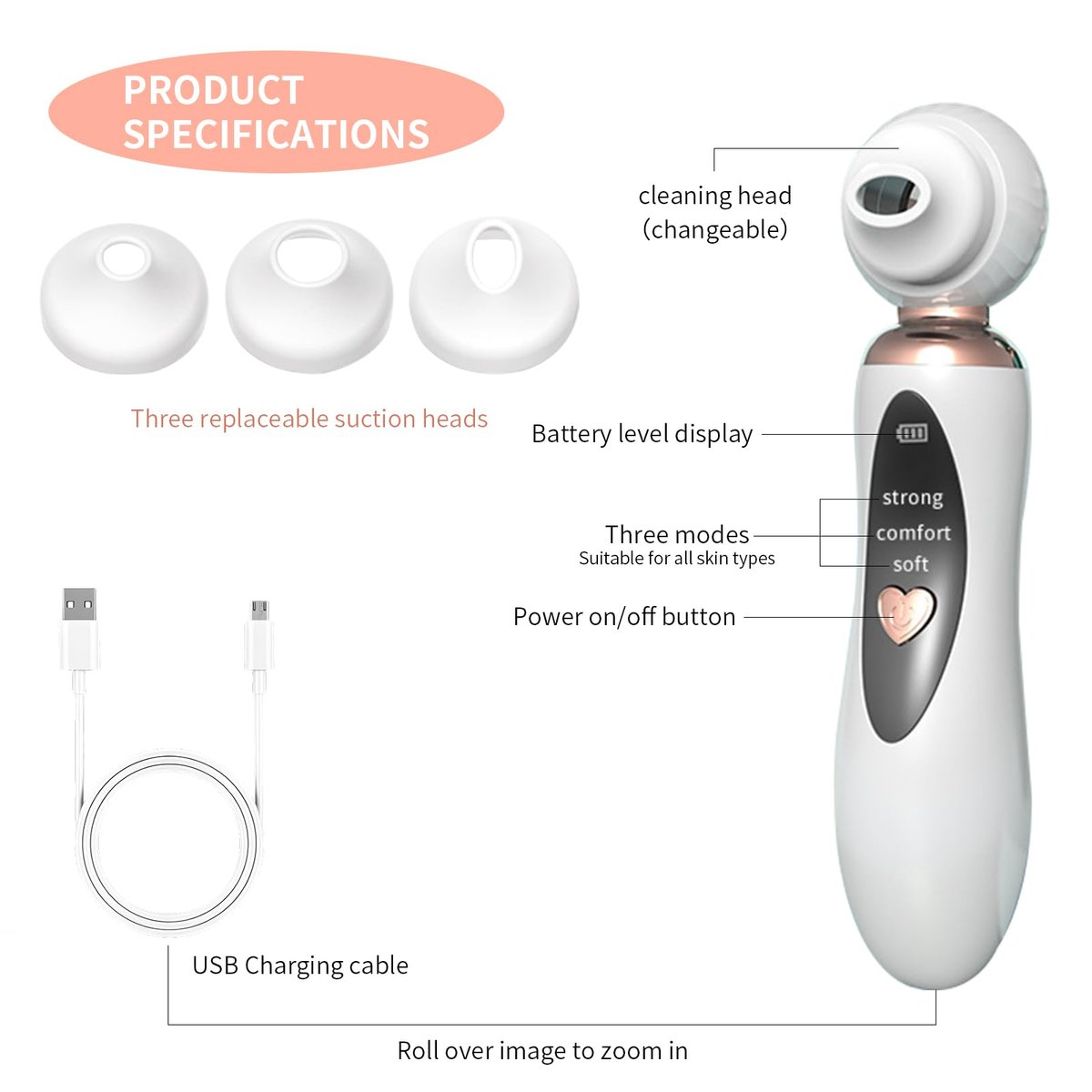 2025 Blackhead Remover Pore Vacuum - Visual Rechargeable Facial Pore Cleaner with 3 Suction Silicone Heads, 3 Probes, USB Kit - Electric Acne Extractor Tool for Adults, White - görsel 11
