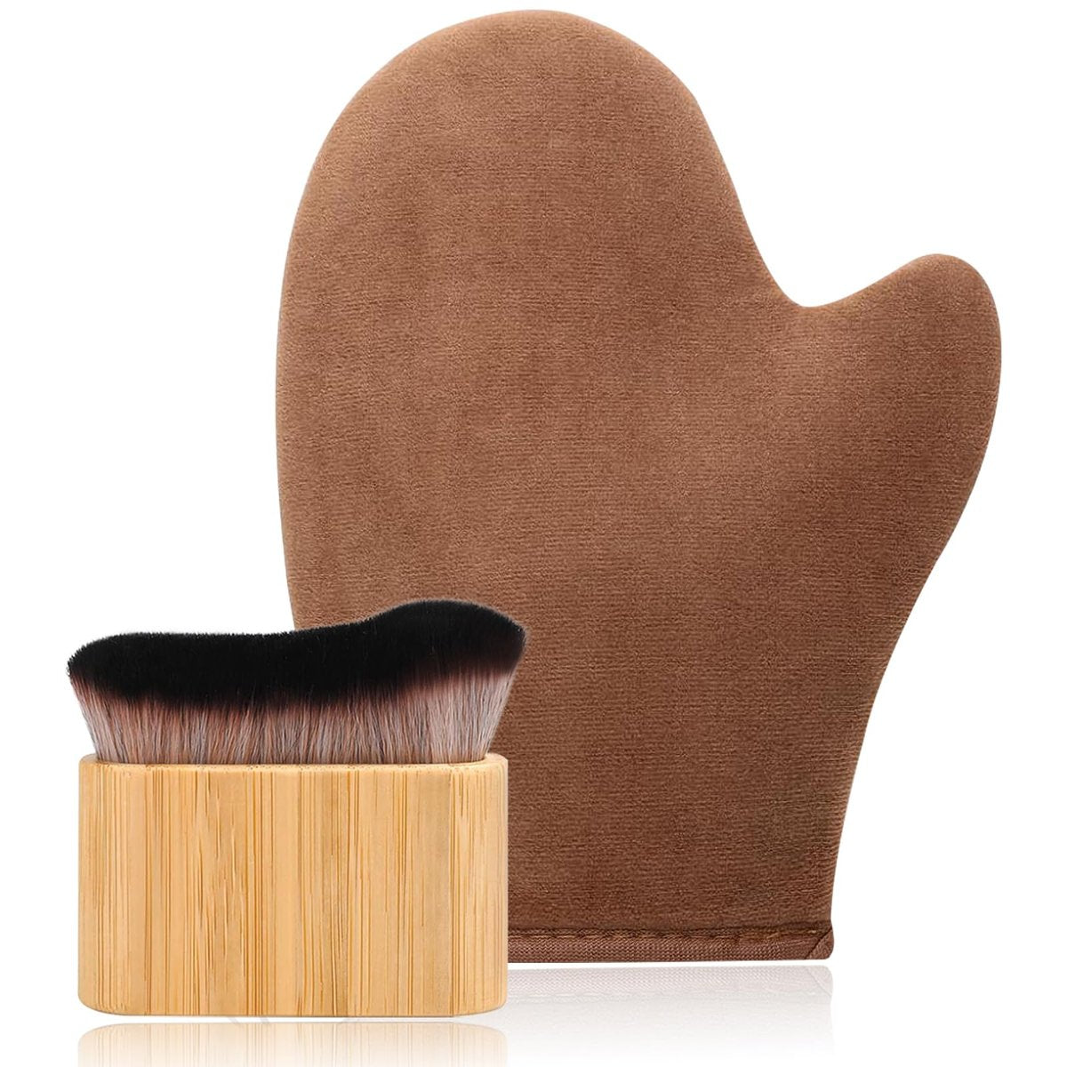 2 in 1 Streak-Free Tanning Mitt Set - Leakproof Self Tanner Mitt with Log Tanning Brush, Reusable Applicator for Lotion & Mousse - görsel 1