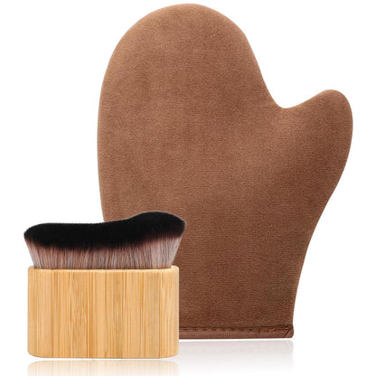 2 in 1 Streak-Free Tanning Mitt Set - Leakproof Self Tanner Mitt with Log Tanning Brush, Reusable Applicator for Lotion & Mousse
