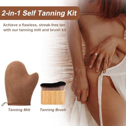 2 in 1 Streak-Free Tanning Mitt Set - Leakproof Self Tanner Mitt with Log Tanning Brush, Reusable Applicator for Lotion & Mousse
