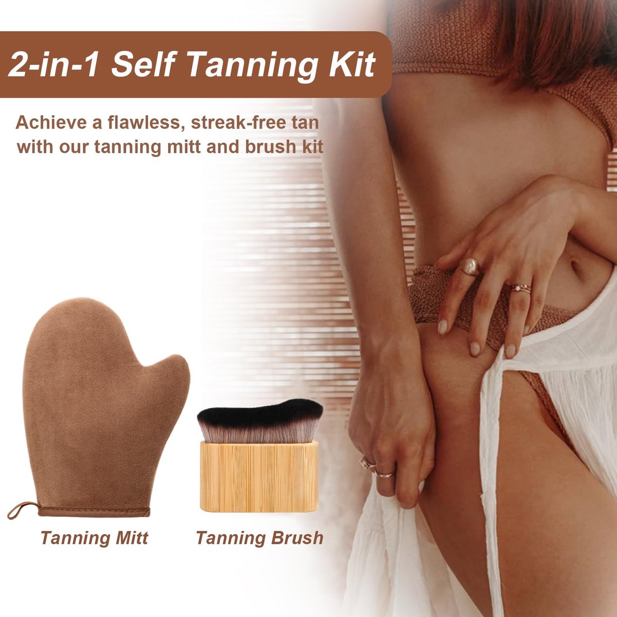2 in 1 Streak-Free Tanning Mitt Set - Leakproof Self Tanner Mitt with Log Tanning Brush, Reusable Applicator for Lotion & Mousse - görsel 11