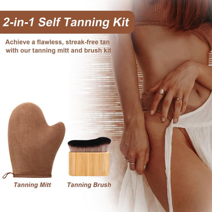 2 in 1 Streak-Free Tanning Mitt Set - Leakproof Self Tanner Mitt with Log Tanning Brush, Reusable Applicator for Lotion & Mousse