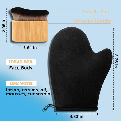 KELILO Self Tanning Mitt and Kabuki Brush 2-in-1 Set – Double-Sided Velvet Glove with Non-Slip Grip and Ergonomic Applicator for Streak-Free Sunless Tan on Body and Face