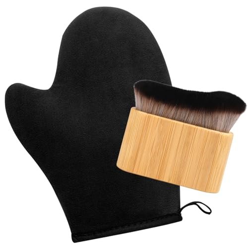 KELILO Self Tanning Mitt and Kabuki Brush 2-in-1 Set – Double-Sided Velvet Glove with Non-Slip Grip and Ergonomic Applicator for Streak-Free Sunless Tan on Body and Face - görsel 1