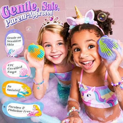 Shell Bath Bombs for Girls – 12 Pack Child-Safe Aromatherapy Bath Bombs with 20 Surprise Toys Inside, 6 Fruity Scents in 2 Gift Boxes (Mermaid & Unicorn Themes) Avelisse