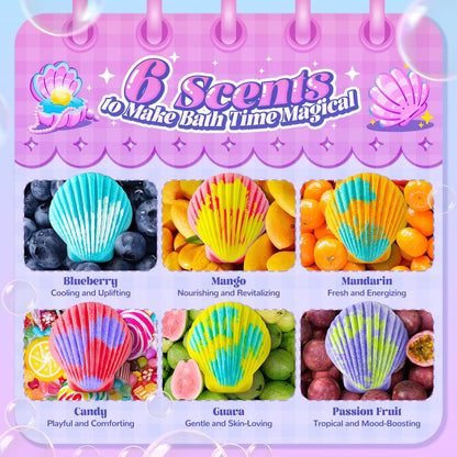 Shell Bath Bombs for Girls – 12 Pack Child-Safe Aromatherapy Bath Bombs with 20 Surprise Toys Inside, 6 Fruity Scents in 2 Gift Boxes (Mermaid & Unicorn Themes) Avelisse