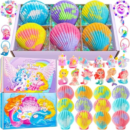 Shell Bath Bombs for Girls – 12 Pack Child-Safe Aromatherapy Bath Bombs with 20 Surprise Toys Inside, 6 Fruity Scents in 2 Gift Boxes (Mermaid & Unicorn Themes) Avelisse